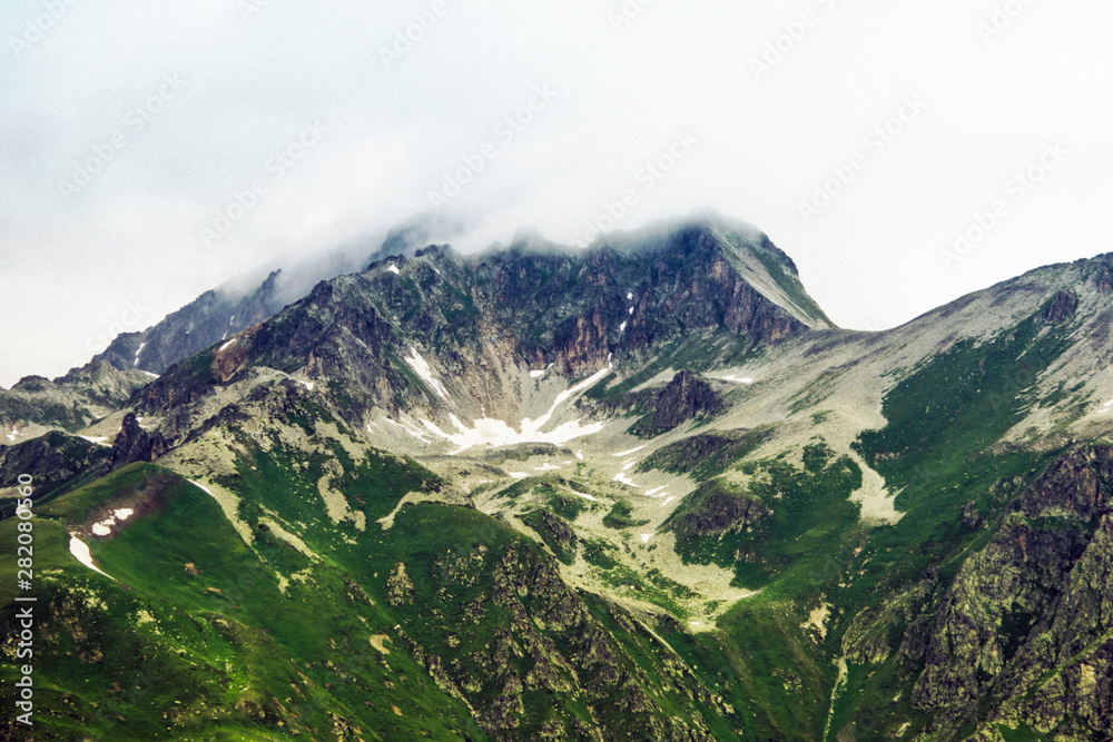 mountain landscape - mountains forest, rocks glaciers snow clouds, Dombay, Karachay-Cherkessia, Russia