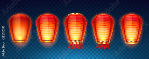 Set of isolated chinese or sky, Kongming flying lanterns for new year celebration. Japanese lamp or traditional Asian hanging light. Paper decoration for chinatown festive or mid autumn festival