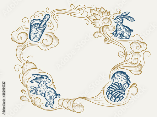 Mooncacke sketch and hand drawn rabbit or bunny for mid autumn or harvest moon festival celebration. Vintage and retro background for mid-autumn holiday with wavy line art. China and asia festive