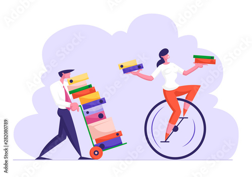 Business Man Pushing Trolley with Huge Heap of Documentation Following Woman Riding Monowheel with Folders Files in Hands. Employees Loaded with Hard Work in Office. Cartoon Flat Vector Illustration
