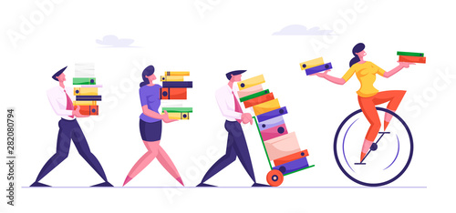 Busy Employees Loaded with Hard Work in Office. Business People Carry Huge Piles of Documentation Following Woman Riding Monowheel with File Folders in Hands. Deadline Cartoon Flat Vector Illustration