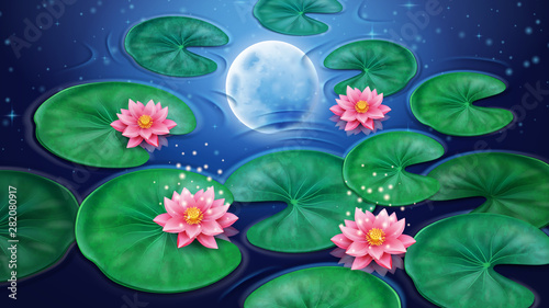 Water with lotus flower and moon reflection. Pink floral blossom with stars background. Decoration element for floral or botany banner. Asian or China, Indian element, Egyptian bean. Asia flora