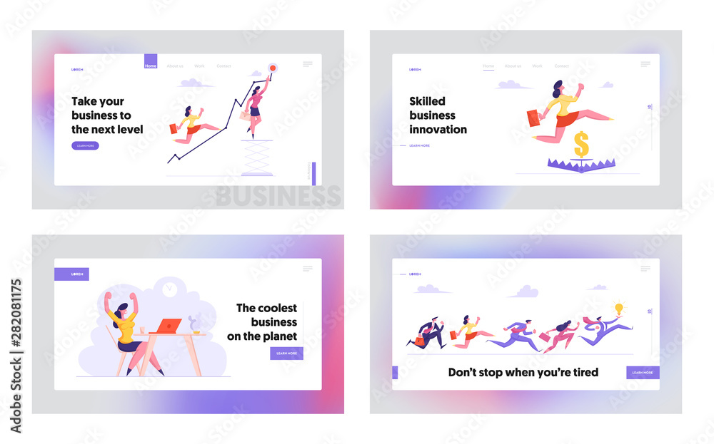 Business Situations Office Employees Website Landing Page Set. Financial Risks Woman Jump over Trap, Climbing Up with Graph, Workers Competition Race Web Page Banner. Cartoon Flat Vector Illustration
