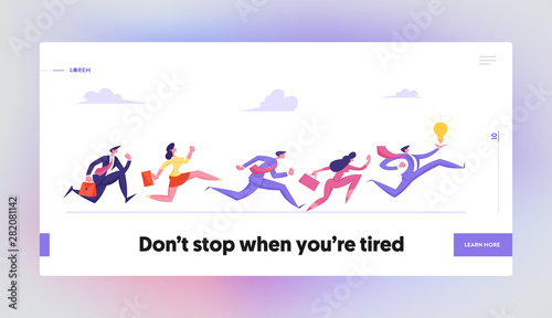 Leadership, Creative Idea Website Landing Page, Business People Characters Running by Row Following Businessman Holding Huge Glowing Light Bulb Web Page. Cartoon Flat Vector Illustration, Banner
