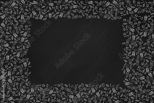 Fototapeta Naklejka Na Ścianę i Meble -  Coffee doodle illustration background on chalkboard and copy space