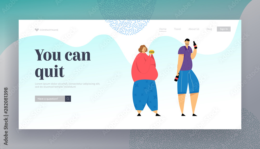 Addict of Food and Alcohol Drinks Website Landing Page, Addiction, Overweight Woman Eating Burger, Man Drinking Beer, Obesity, Alcoholism Dependence, Web Page. Cartoon Flat Vector Illustration, Banner Addict of Food and Alcohol Drinks Website Landing Page, Addiction, Overweight Woman Eating Burger, Man Drinking Beer, Obesity, Alcoholism Dependence, Web Page. Cartoon Flat Vector Illustration, Banner