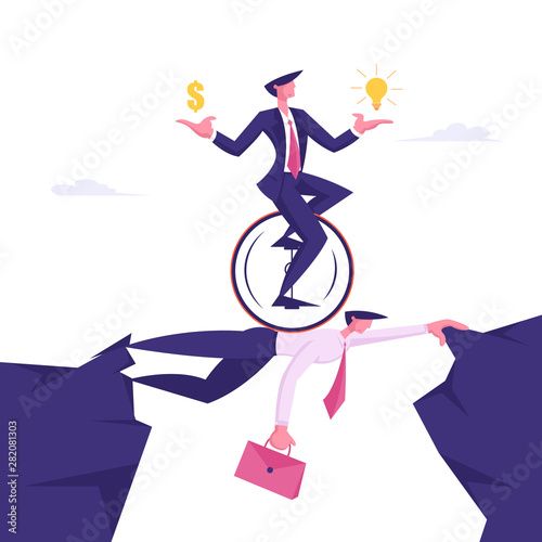 Business Man on Monowheel with Dollar and Light Bulb in Hands Riding over Head of Businessman Colleague. Creative Idea, Challenge, New Opportunity Success Concept Cartoon Flat Vector Illustration