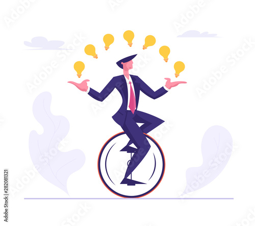 Business Man Wearing Formal Suit Riding Monowheel Juggling with Glowing Light Bulbs. Businessman Character Racing in Leadership Competition. Finance Creative Idea Cartoon Flat Vector Illustration