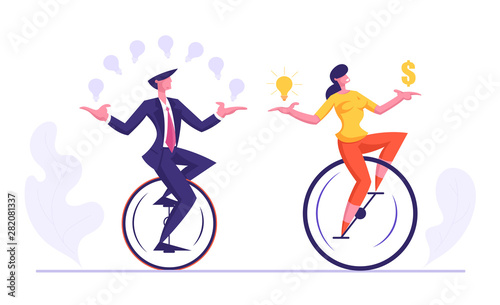 Business Man and Woman Riding Monowheel Juggling with Glowing Light Bulbs, Holding Dollar Sign. Businesspeople Racing in Leadership Competition. Finance Creative Idea Cartoon Flat Vector Illustration