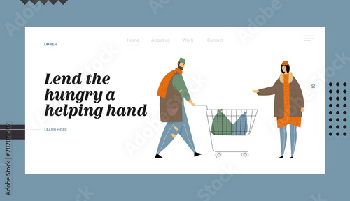 Homeless Poor People, Bums Begging Money and Need Help Website Landing Page, Beggars in Ragged Clothing Pick Up Garbage on Street to Shopping Cart, Web Page. Cartoon Flat Vector Illustration, Banner