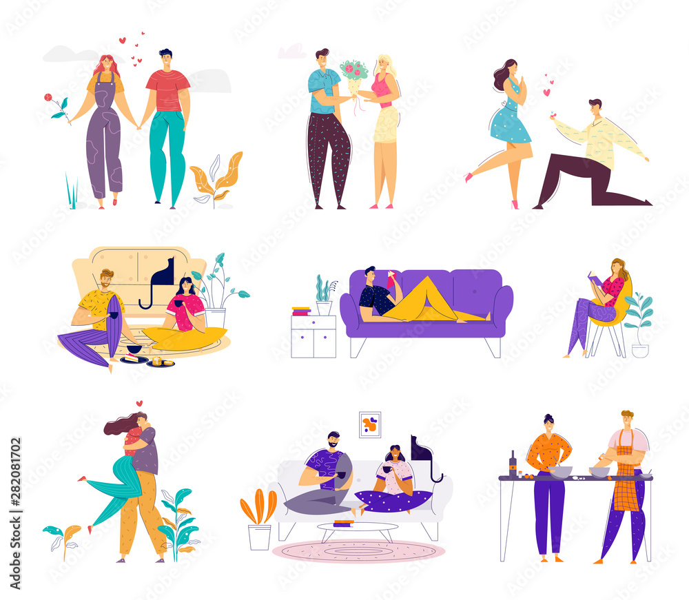 Happy Loving Couple Spend Time Together on Weekend Set. Man and Woman Doing Home Household Activity, Dating and Meeting Outdoors, Relaxing and Cooking Having Leisure Cartoon Flat Vector Illustration