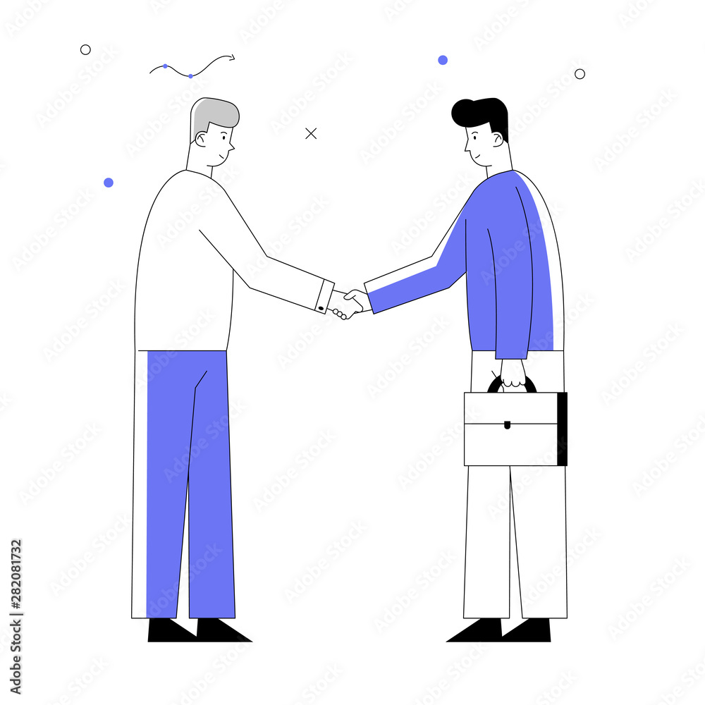 Business Partners Men Handshaking and Partnership Concept. Businesspeople Meeting for Project Discussion, Shaking Hands Agreement during Negotiation. Cartoon Flat Vector Illustration, Line Art Style