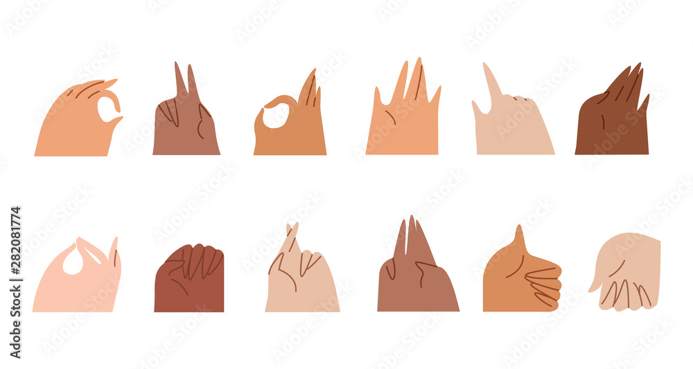 Sticker set Various gestures of hands isolated on a white background. Vector flat illustration in different situations. Use in Web Project and Applications.