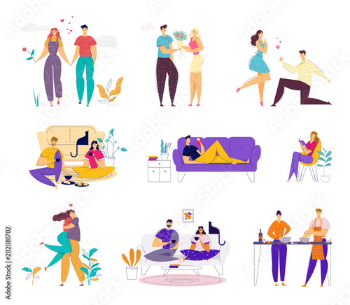 Happy Loving Couple Spend Time Together on Weekend Set. Man and Woman Doing Home Household Activity, Dating and Meeting Outdoors, Relaxing and Cooking Having Leisure Cartoon Flat Vector Illustration