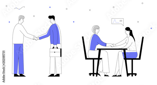 Partnership Concept with Businesspeople Meeting, Shaking Hands, Making Agreement during Negotiation. Business Partners Men and Women Handshaking. Cartoon Flat Vector Illustration, Line Art Style