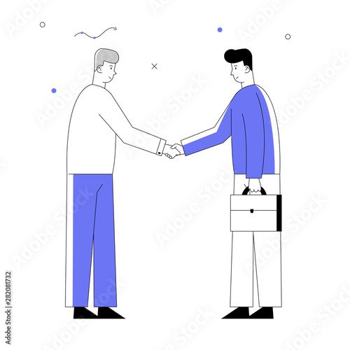 Business Partners Men Handshaking and Partnership Concept. Businesspeople Meeting for Project Discussion, Shaking Hands Agreement during Negotiation. Cartoon Flat Vector Illustration, Line Art Style