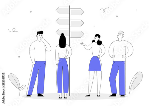 Choice Way Concept with Business People Stand at Road Pointer with Hard and Easy Directions, Making Decision what Path to Choose. Crossroad, Challenge Cartoon Flat Vector Illustration Line Art Style