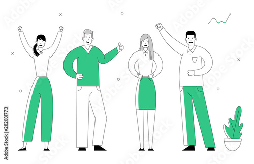 Joyful Business People Stand in Line. Managers Team Perfect Teamworking Group. Businessmen and Businesswomen Characters Creative Office Employees. Cartoon Flat Vector Illustration in Line Art Style