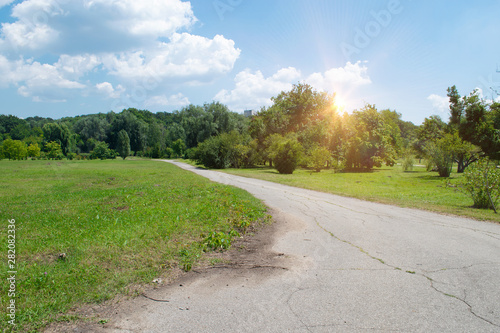 Sunset over the road. Sunrise in summer beautiful park. Bright sunny day in park. The sun rays illuminate green grass and trees. Long road along the park.