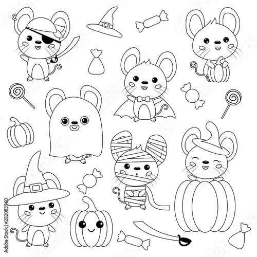 Vector set of Halloween mouse. Rats dressed up in costumes, witch, pirate, ghost, vampire and mummy. Coloring page for children. Cartoon kawaii characters. Sweet and candies. Trick and treat.