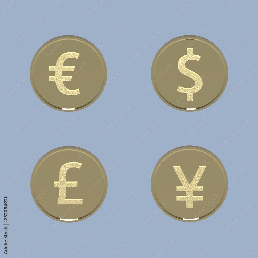 Gold coins with world currency signs isolated on a blue background, 3d render. Gold coins with world currency signs isolated on a blue background, 3d render.