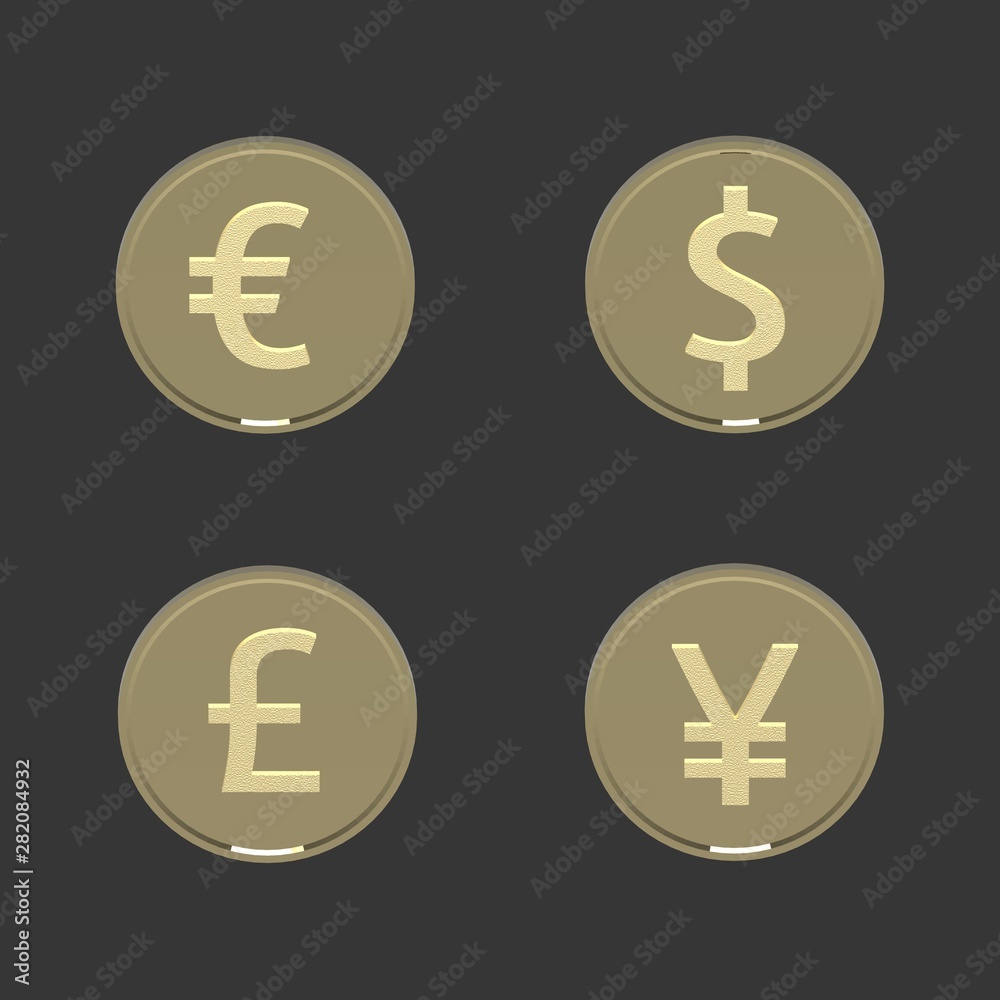Gold coins with world currency signs isolated on a dark background, 3d render. Gold coins with world currency signs isolated on a dark background, 3d render.