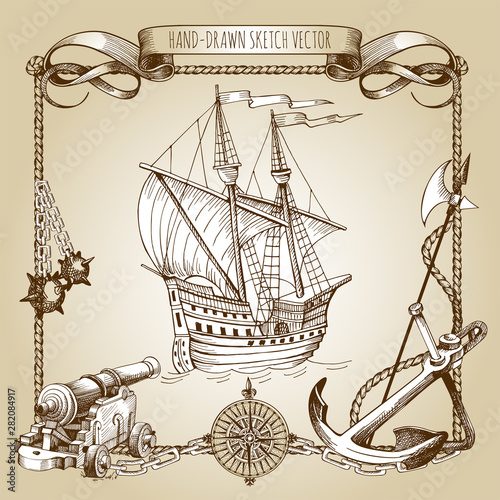 Adventure stories. Pirate background. Vintage border frame. Old caravel, vintage sailboat. Cannon, ghost ship, shipwreck, sea battle