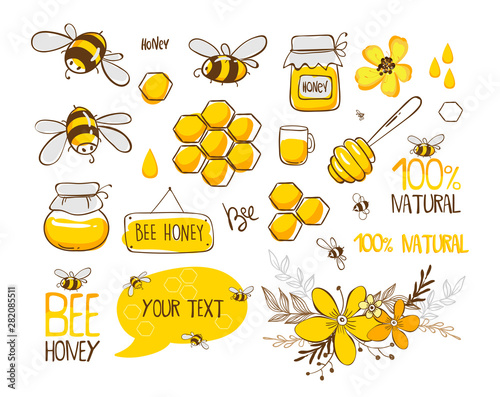 Set of bee, honey, lettering and other beekeeping illustration. Vector EPS10.