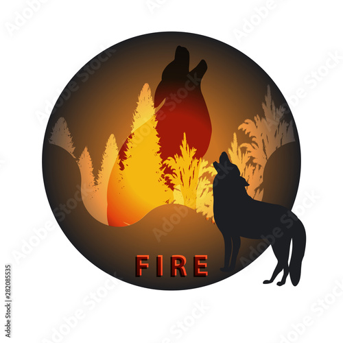 Fiery element. Wolf, burning forest, taiga - round icon - isolated on white background - vector.