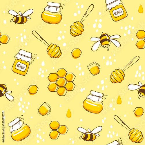 Cute seamless pattern with flying bees. Vector illustration EPS10.