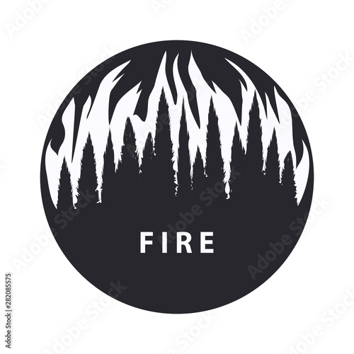 Flames, forest, taiga - black - white round icon - isolated - vector. Environmental Protection. Fiery element.