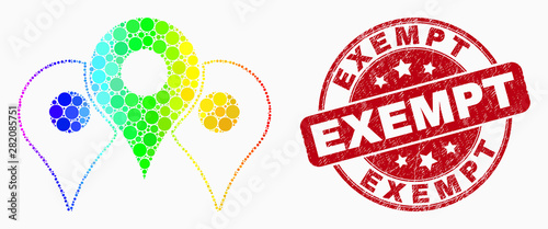 Dot bright spectral map markers mosaic icon and Exempt watermark. Red vector rounded scratched watermark with Exempt phrase. Vector combination in flat style.
