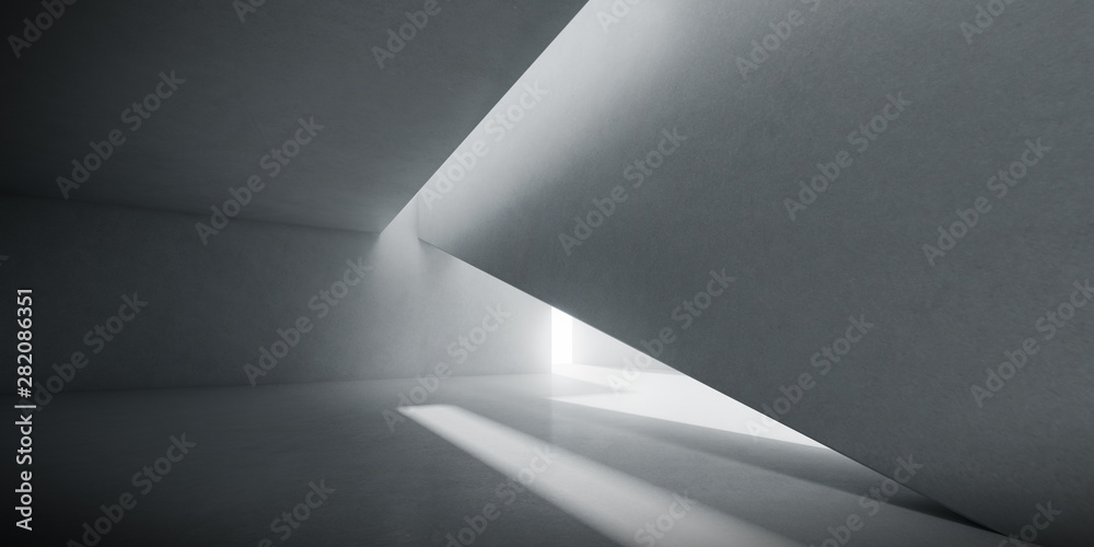 Fototapeta premium Streszczenie betonowej przestrzeni wewnętrznej ze światłem słonecznym rzucającym cień na ścianę i podłogę, Projekt geometryczny, perspektywa architektury brutalizmu, renderowanie 3d