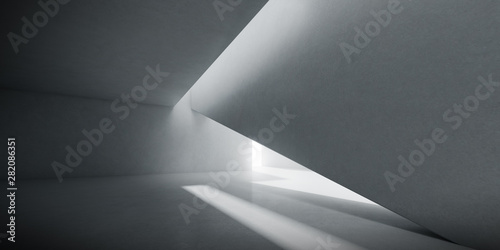 Abstract of concrete interior space with sun light cast the shadow on the wall and floor,Geometric design,Perspective of brutalism  architecture,3d rendering	