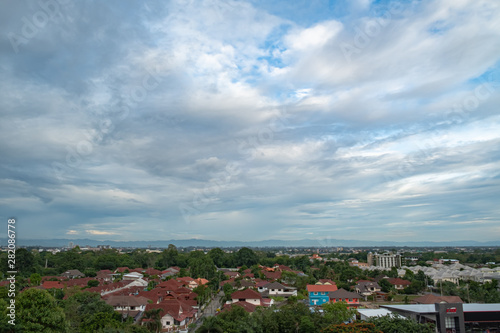 landscape aerial view of edge of city and mountain at Chiang Mai Thailand with beautiful sky
