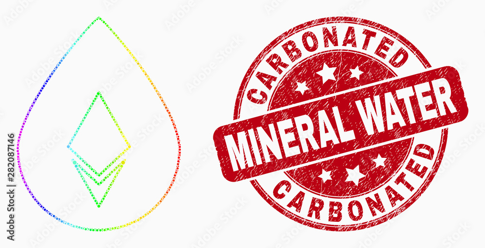 Dot rainbow gradiented crystal drop mosaic icon and Carbonated Mineral Water stamp. Red vector round grunge seal with Carbonated Mineral Water title. Vector composition in flat style. Dot rainbow gradiented crystal drop mosaic icon and Carbonated Mineral Water stamp. Red vector round grunge seal with Carbonated Mineral Water title. Vector composition in flat style.
