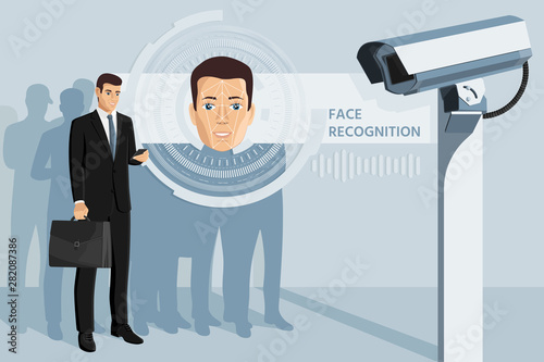 Surveillance camera with face recognition system. Vector illustration EPS10