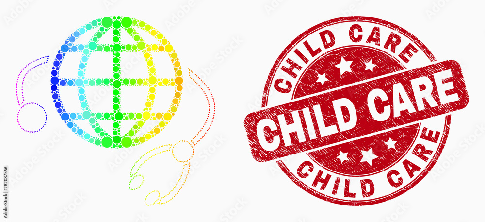 Dot rainbow gradiented global medical service mosaic pictogram and Child Care seal. Red vector rounded scratched seal stamp with Child Care caption. Vector combination in flat style.