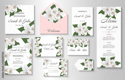 Wedding invitation card design with  gentle Jasmine flowers. Vector illustration. 