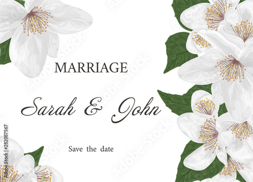 Wedding invitation card design with  gentle Jasmine flowers. Vector illustration. 