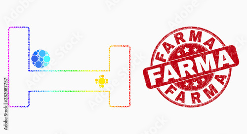 Dot rainbow gradiented hospital bed mosaic icon and Farma seal. Red vector rounded textured seal stamp with Farma text. Vector composition in flat style.