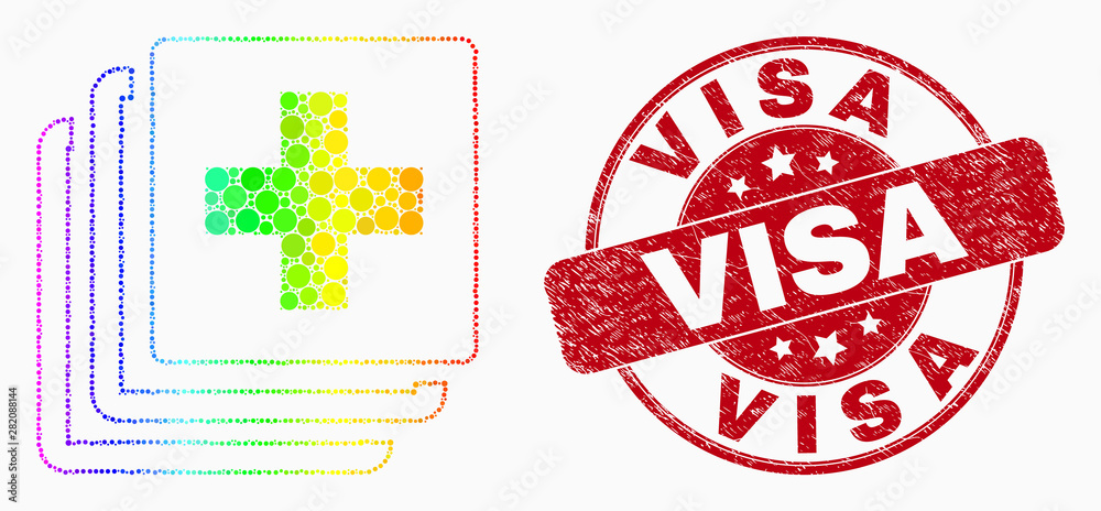 Dot rainbow gradiented medical data mosaic pictogram and Visa seal. Red vector round scratched stamp with Visa title. Vector collage in flat style. Dot rainbow gradiented medical data mosaic pictogram and Visa seal. Red vector round scratched stamp with Visa title. Vector collage in flat style.