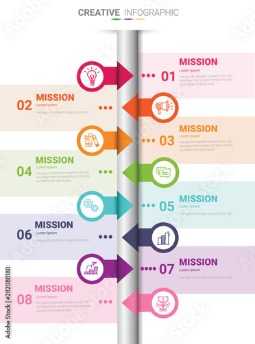 Infographic design template with numbers 8 option for Presentation infographic, Timeline infographics, steps or processes. Vector illustration.