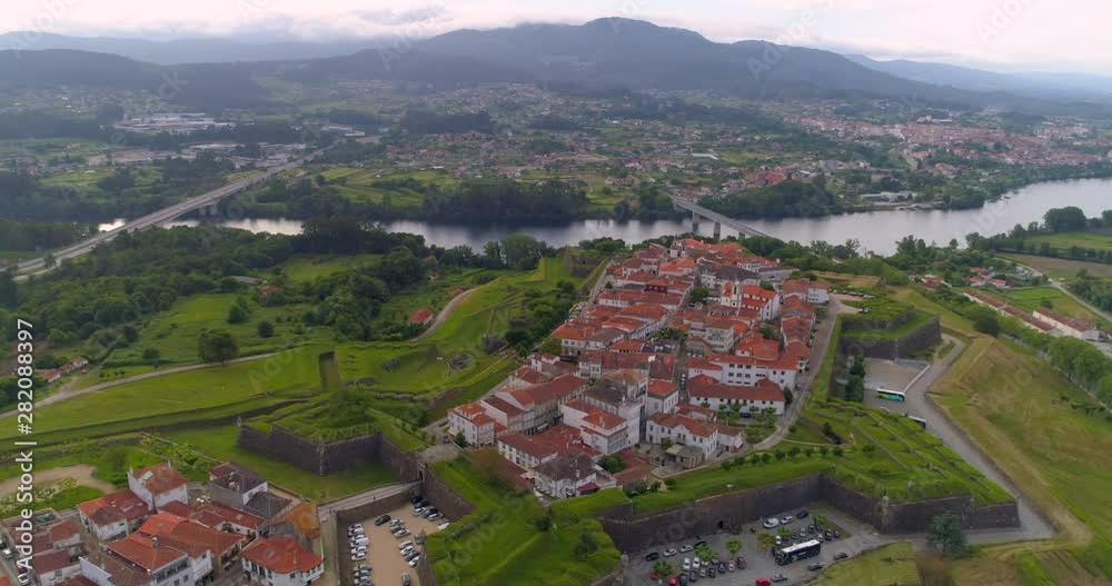 Aerial Pan Left to Right: View of the Beautiful City of Valenca Portugal and Vast View of Area Aerial Pan Left to Right: View of the Beautiful City of Valenca Portugal and Vast View of Area
