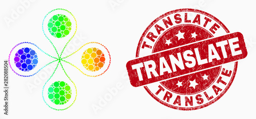 Dot rainbow gradiented quadrocopter mosaic pictogram and Translate seal stamp. Red vector rounded grunge stamp with Translate title. Vector collage in flat style.