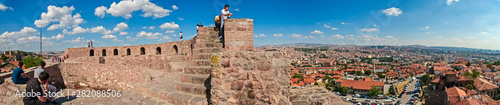 Panoramic view of Ankara Castle (Kalesi). It is a fortification from the late antique / early medieval era in Ankara, Turkey. 360 degree view of the capital of Turkey. Tourists on the walls of the man