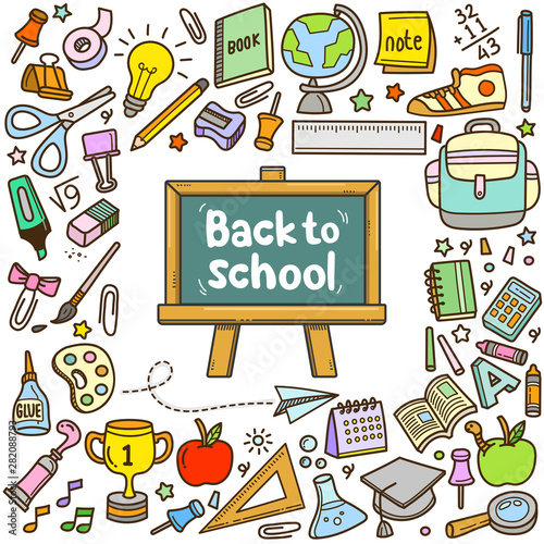 Back to School Design elements. Colorful Vector Doodle Cartoon Illustration Set.