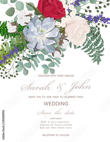 Wedding invitation with flowers and leaves, watercolor, isolated on white. Vector Watercolour.