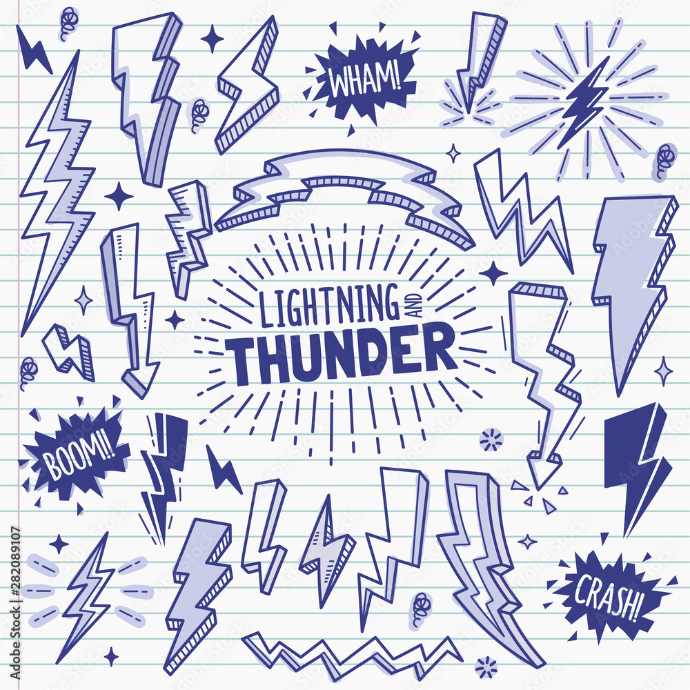 Random Thunder Design Lightning and Thunder Design elements. Vector Doodle Illustration Set ...