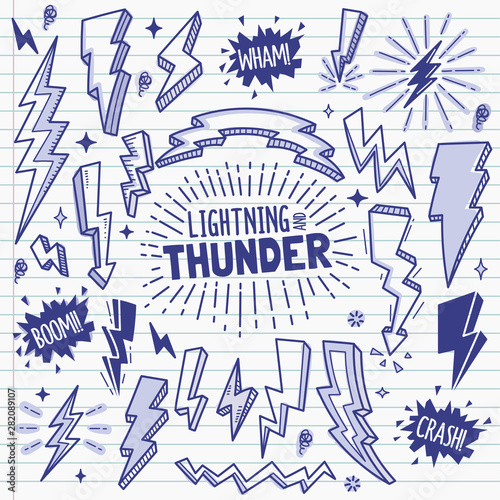 Lightning and Thunder Design elements. Vector Doodle Illustration Set in Ballpoint Pen Style.